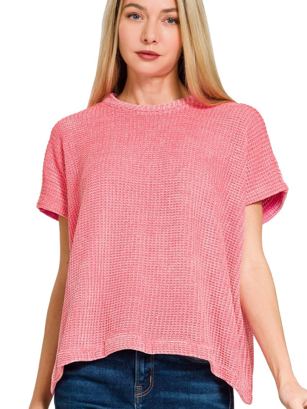 Zenana Outfitters Waffle Knit Boxy Short Sleeve Top - Pink